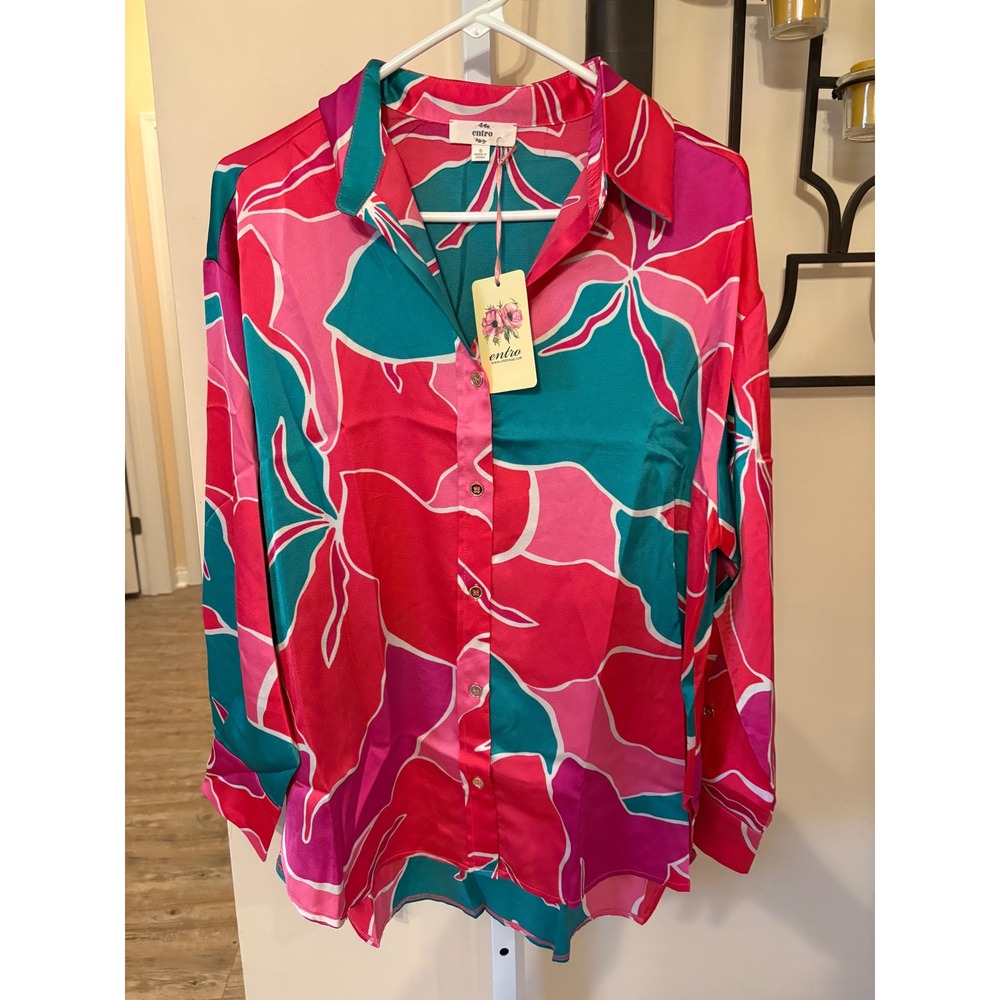 Entro Women Pink Teal Abstract Floral Satin Button Down Blouse Long Sleeve Small